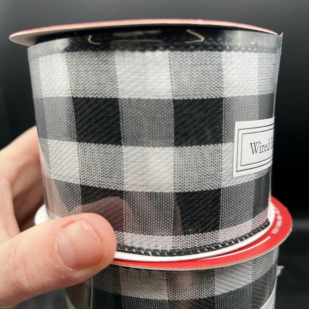 Black & White Gingham Wired Edge Holiday Ribbon Farm Country Set of 2 Rolls 60ft